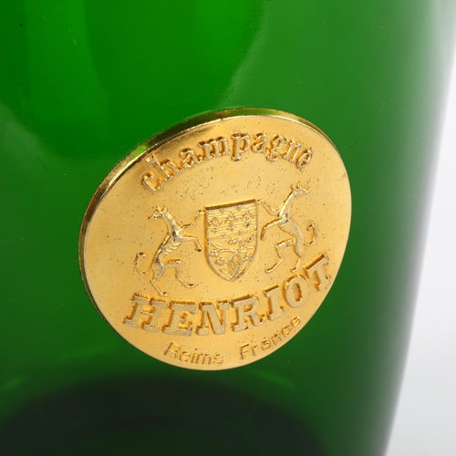 111 - A vintage green glass Champagne bucket, applied metal plaque for Henriot Champagne, height 20cm