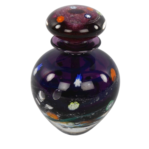 174 - MARTIN ANDREWS studio glass, an Amethyst bottle with stopper, signed, height 16cm