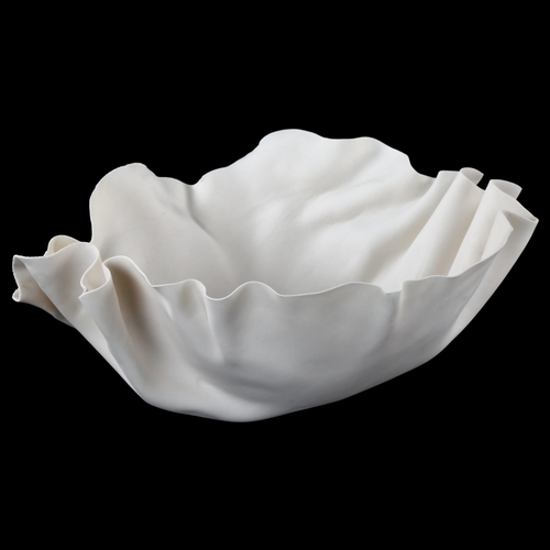 53 - ROMA BABUNIAK, a studio ceramic unglazed porcelain vase with crumpled form and stripe decoration, si... 