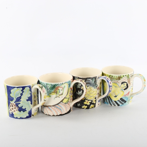 85 - 4 TESSA NEWCOMBE hand painted mugs, initials TN and year on base, Height 9.5cm