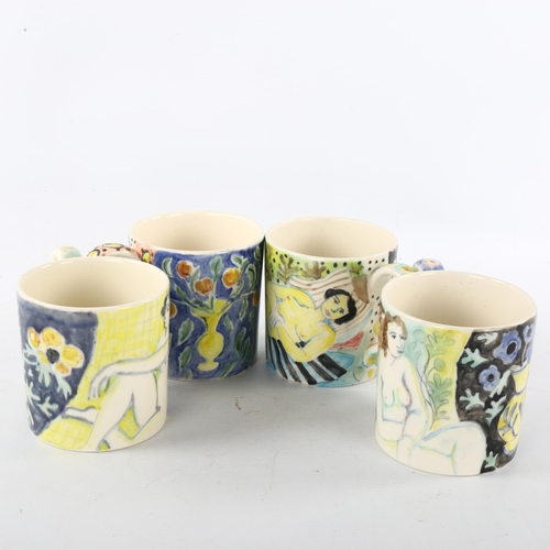 85 - 4 TESSA NEWCOMBE hand painted mugs, initials TN and year on base, Height 9.5cm