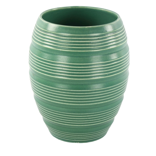 86 - KEITH MURRAY for Wedgwood, a 1930s' ribbed vase in Matt Green, makers marks to base, height 17.5cm