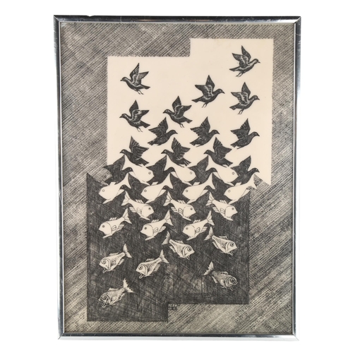 88 - A mid-century resin etched panel in the manner of MAURITS CORNELIUS ESCHER, framed, 39 x 29cm