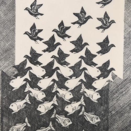 88 - A mid-century resin etched panel in the manner of MAURITS CORNELIUS ESCHER, framed, 39 x 29cm