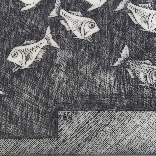 88 - A mid-century resin etched panel in the manner of MAURITS CORNELIUS ESCHER, framed, 39 x 29cm