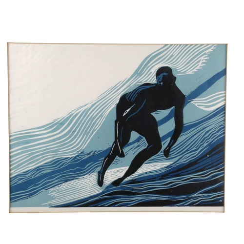 89 - A mid 20th century Linocut print of a surfer, framed, image 40 x 30cm