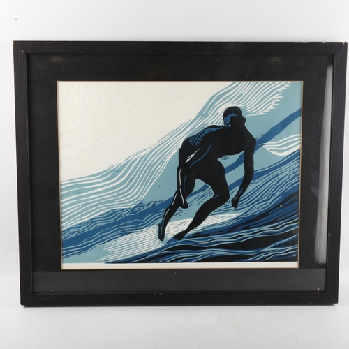 89 - A mid 20th century Linocut print of a surfer, framed, image 40 x 30cm