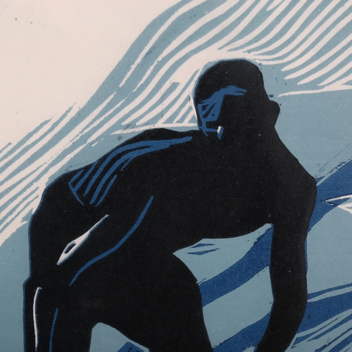 89 - A mid 20th century Linocut print of a surfer, framed, image 40 x 30cm