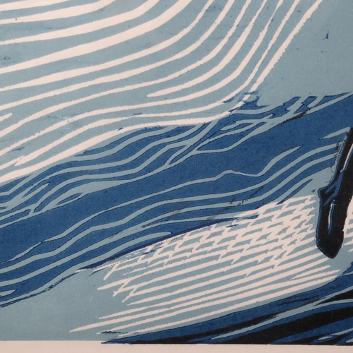 89 - A mid 20th century Linocut print of a surfer, framed, image 40 x 30cm