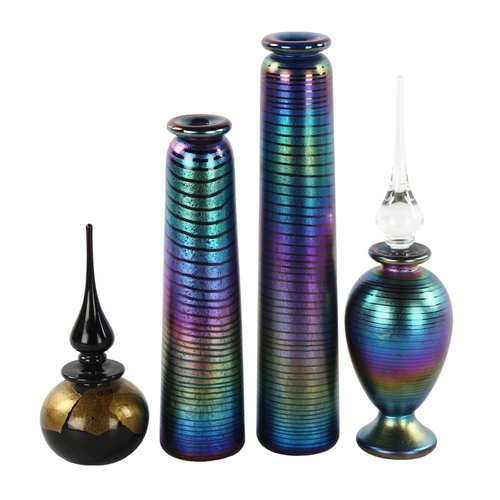 97 - SEAN O'DONAGHUE studio glass, 3 Threaded design bottles and a small Dichroic design bottle, tallest ... 