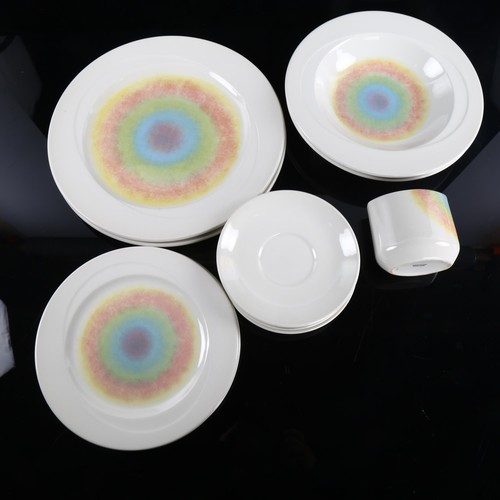 130 - Midwinter, Style range, a tea-set for 4 with 2 dinner plates and bowls, in a rainbow pattern, 1980s