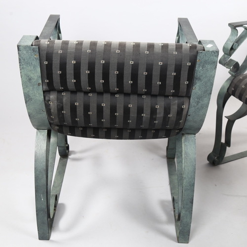 156 - A pair of post-modern wrought iron armchairs, with Verdigris patinated frame in winged horse form, h... 