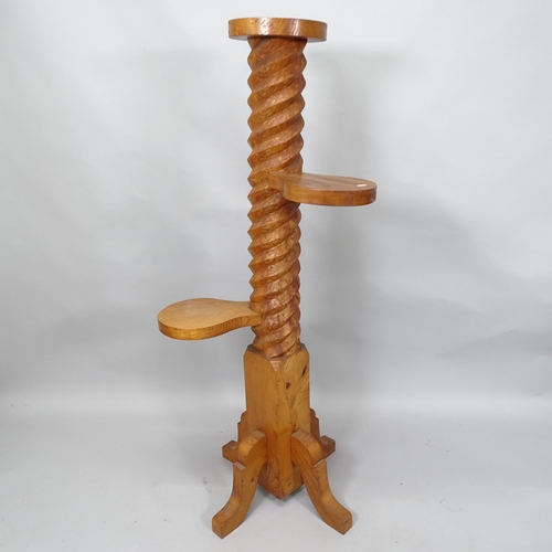 2026 - A French oak 3 tier plant stand with elm spiral turned column. 146cm