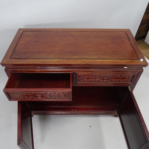 2044 - An Oriental hardwood side cabinet, with 2 frieze drawers and cupboards under, 103cm x 83cm x 49cm