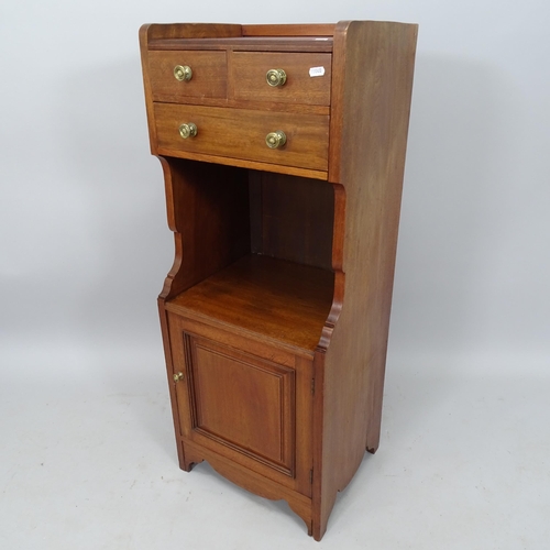 2065 - A contemporary mahogany bedside pot cupboard, with raised back and 3 fitted drawers and cupboard und... 