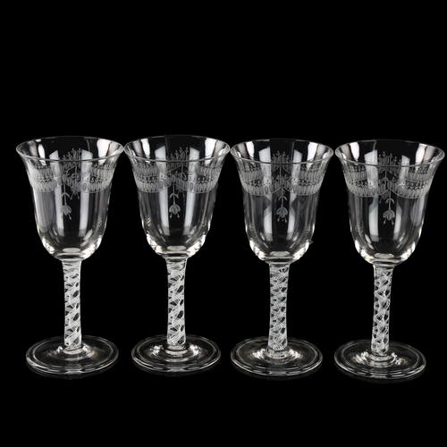 209 - A set of 4 wine glasses with engraved bowls and opaque milk twist stems, height 19.5cm