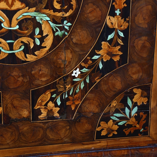 216 - An exceptional William and Mary oyster laburnum and marquetry inlaid cabinet on stand, covered in sp... 