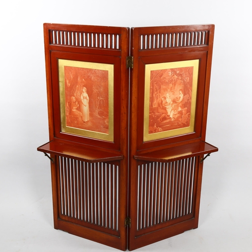 218 - A 19th century mahogany double-sided 2-fold screen in Japanese style, 1 side having drop-down shelve... 