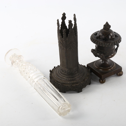 223 - A long Victorian cut-glass perfume bottle in original patinated bronze stand, height 27cm, and a Vic... 