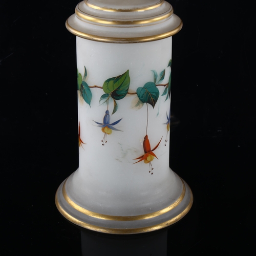 224 - A Victorian opaque glass comport, with painted fuchsia design and gilded bands, height 35cm, diamete... 