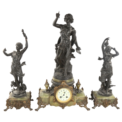 228 - A French spelter and onyx 3-piece clock garniture circa 1900, surmounted by Classical spelter figure... 