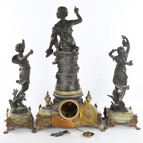 228 - A French spelter and onyx 3-piece clock garniture circa 1900, surmounted by Classical spelter figure... 