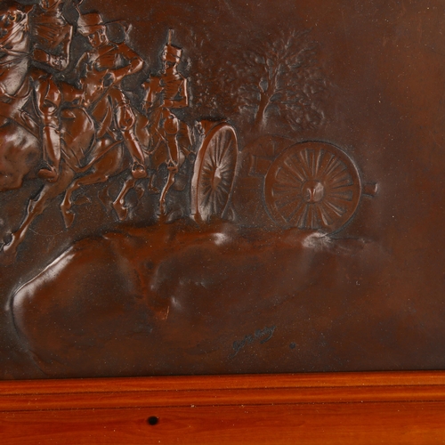 232 - G Halliday, 19th century copper electrotype relief plaque, hussars pulling a gun carriage, signed in... 