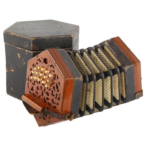 242 - A 19th century mahogany and leather accordion in original box, no maker's marks, 16cm across