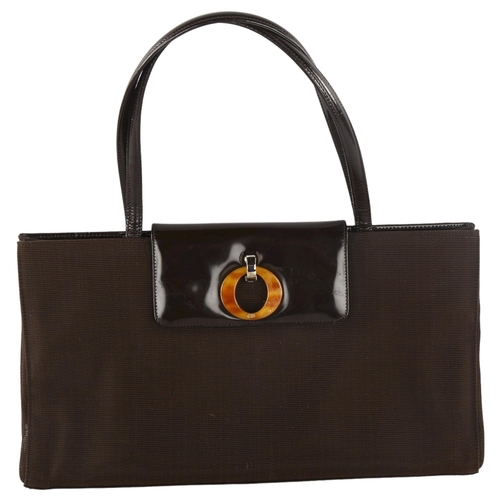 244 - CHRISTIAN DIOR - retro brown nylon and patent leather handbag, length 38cm, with dust bag