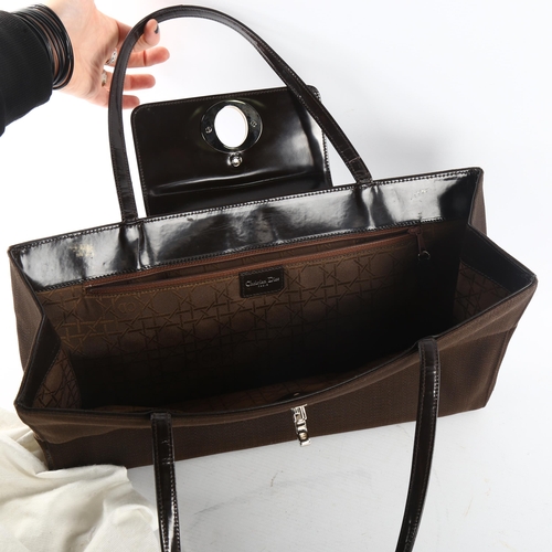 244 - CHRISTIAN DIOR - retro brown nylon and patent leather handbag, length 38cm, with dust bag