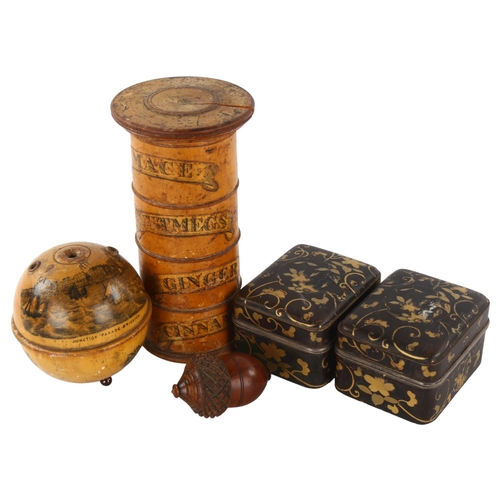 255 - A group of treen items, including a 19th century 4-section spice tower, height 18.5cm, a Mauchline W... 
