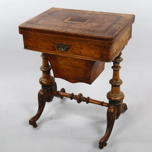 263 - A Victorian Tunbridge Ware and burr-walnut games-top sewing table, with fold over top, frieze drawer... 