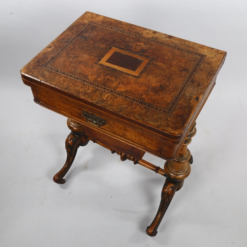 263 - A Victorian Tunbridge Ware and burr-walnut games-top sewing table, with fold over top, frieze drawer... 