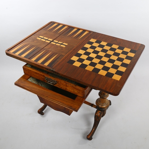 263 - A Victorian Tunbridge Ware and burr-walnut games-top sewing table, with fold over top, frieze drawer... 