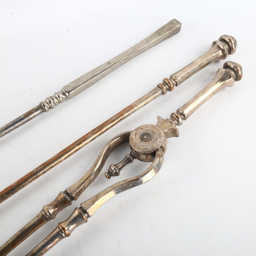 268 - A 3-piece silver plate on copper long-handled fire companion set, and a 19th century brass folding s... 