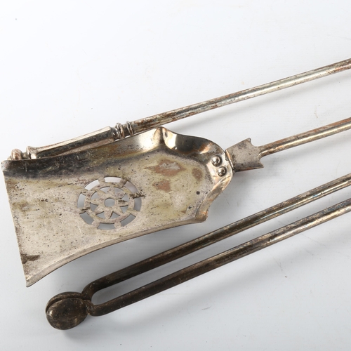 268 - A 3-piece silver plate on copper long-handled fire companion set, and a 19th century brass folding s... 