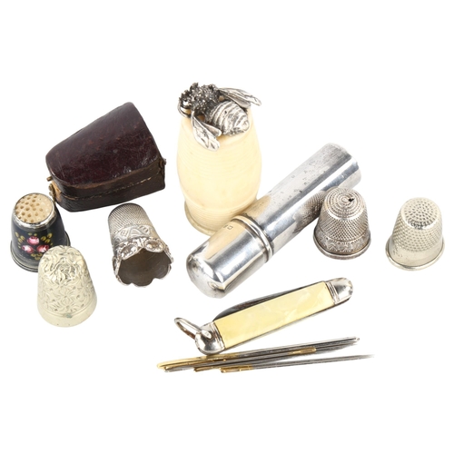 270 - A collection 5 thimbles (2 silver), bone barrel-shaped needle case and another silver needle case