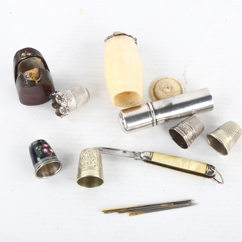 270 - A collection 5 thimbles (2 silver), bone barrel-shaped needle case and another silver needle case