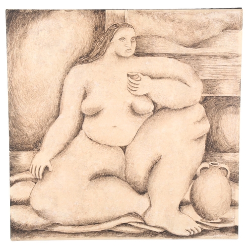 279 - PAULINE HUGHES - a handmade large ceramic tile with painted nude figure, signed and dated 2002, 33cm... 