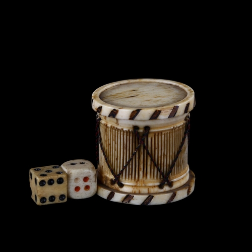 290 - A miniature bone drum-shaped box, probably Napoleonic prisoner of war, containing dice, height 3cm