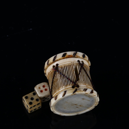 290 - A miniature bone drum-shaped box, probably Napoleonic prisoner of war, containing dice, height 3cm