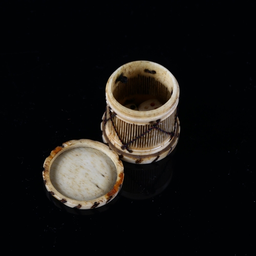 290 - A miniature bone drum-shaped box, probably Napoleonic prisoner of war, containing dice, height 3cm