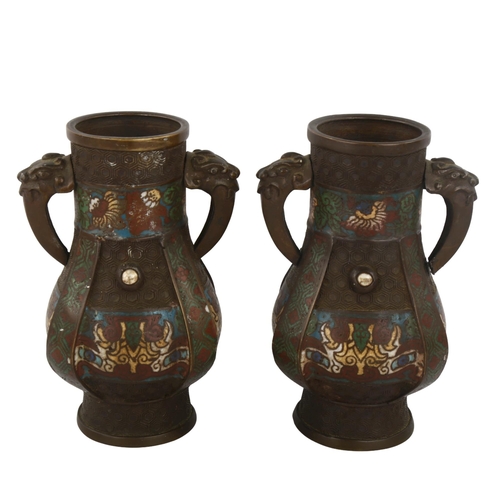 292 - A pair of Chinese bronze and enamel archaic style vases, with mythical beast handles and enamelled b... 