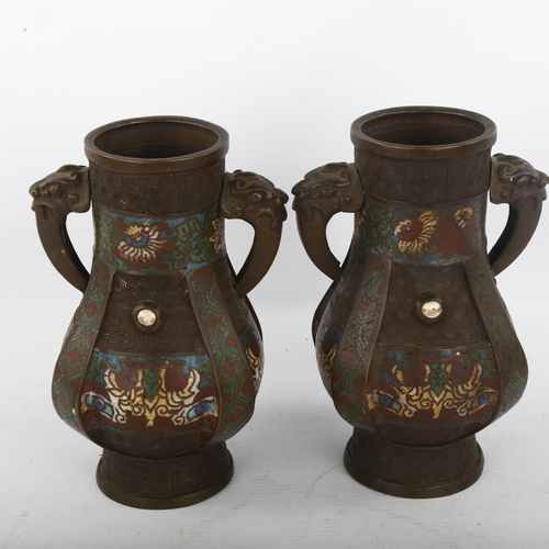 292 - A pair of Chinese bronze and enamel archaic style vases, with mythical beast handles and enamelled b... 