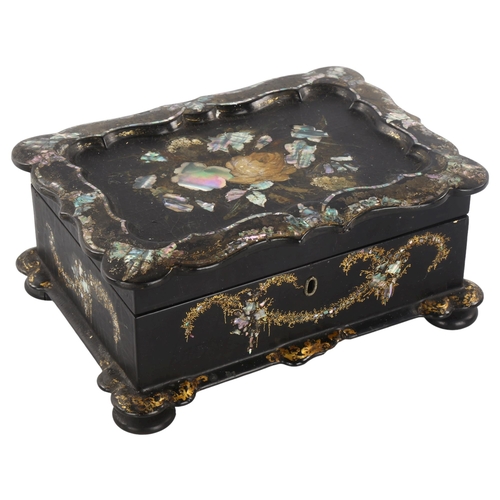 301 - A Victorian papier mache jewel box with inlaid mother-of-pearl decoration, width 25cm