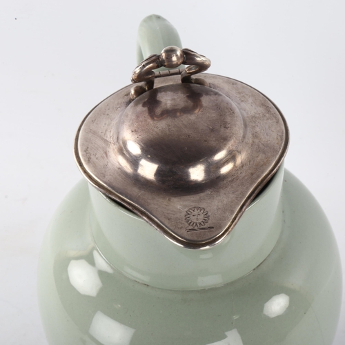 305 - A ceramic water flagon with Victorian silver lid, hallmarks for John Edward Terry, height to lid 20c... 