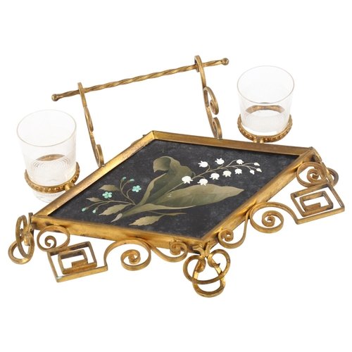 308 - 19th century gilt-brass stand, with inset Pietra Dura floral panel, and glass drinking tots, width 2... 