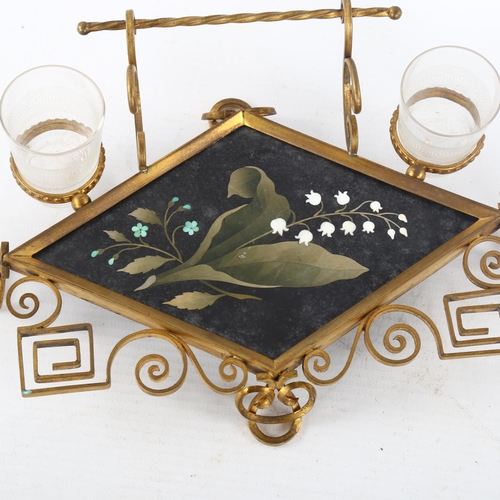 308 - 19th century gilt-brass stand, with inset Pietra Dura floral panel, and glass drinking tots, width 2... 