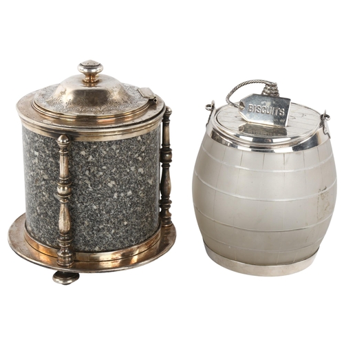 313 - A Victorian granite and electroplate biscuit barrel, height 20cm, and an etched glass and electropla... 