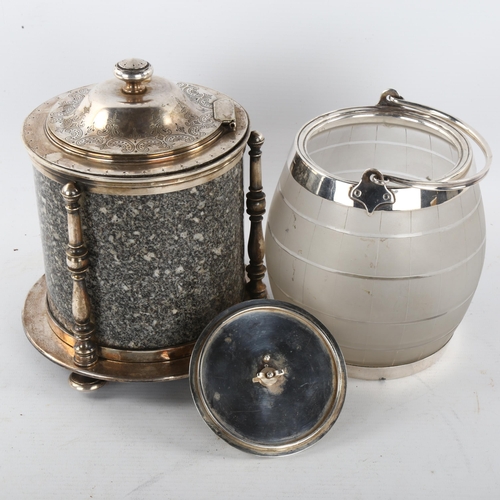 313 - A Victorian granite and electroplate biscuit barrel, height 20cm, and an etched glass and electropla... 